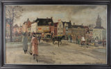 Schilderij van een paard met koets op een plein in een stad, omringd door mensen.